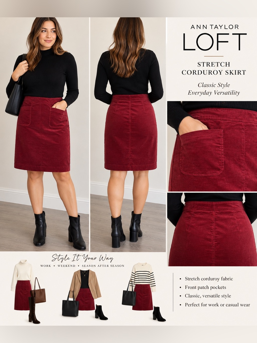 Ann Taylor LOFT Stretch Corduroy Skirt Burgundy Red Size 12